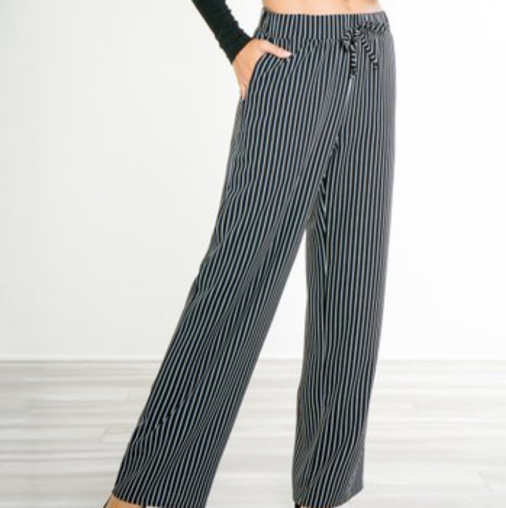 🐈🦓PAOLINO Black and Ivory Stripe Lounge Pants comfortable Relaxed